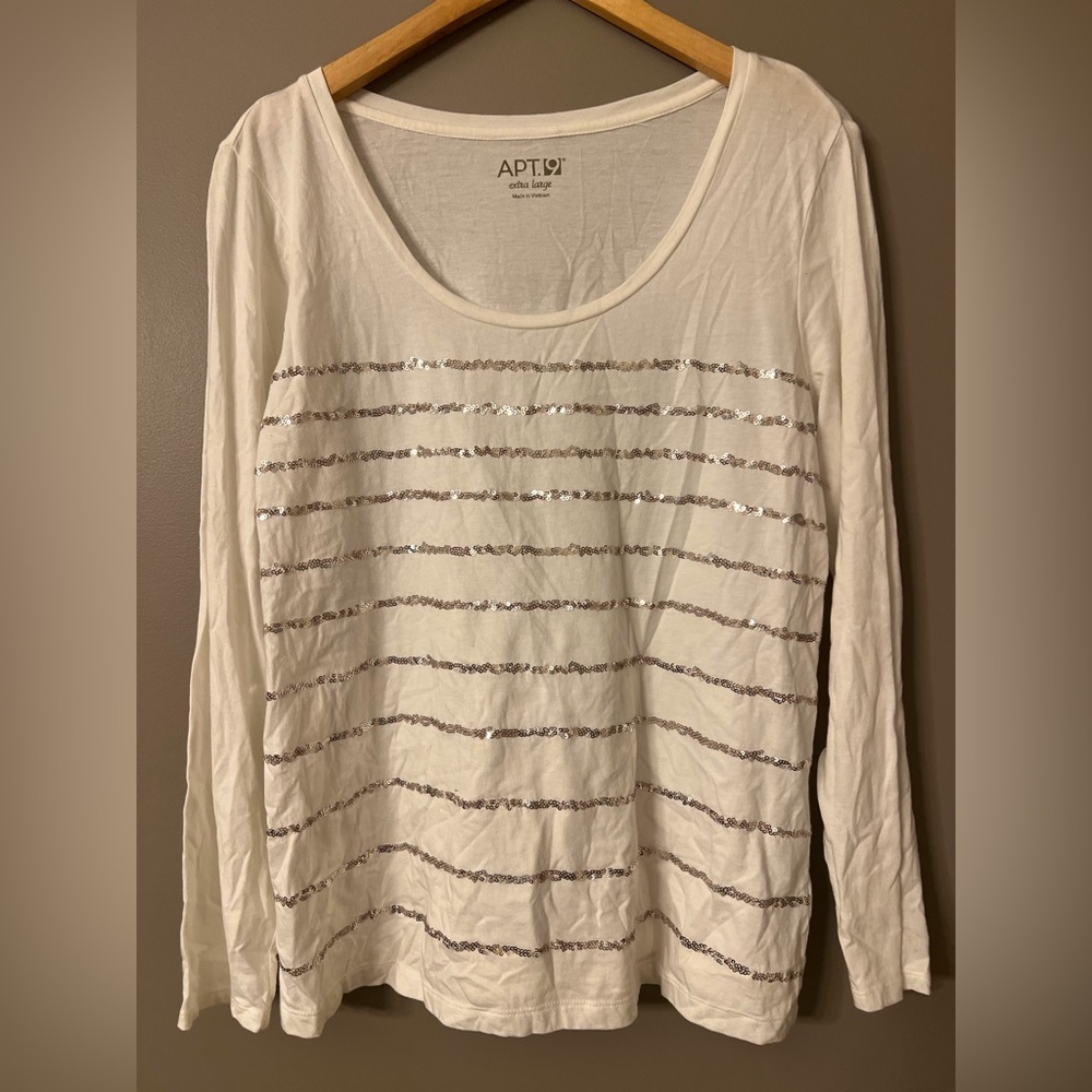 Apt. 9 Women's White Sequin Long Sleeve Top XL